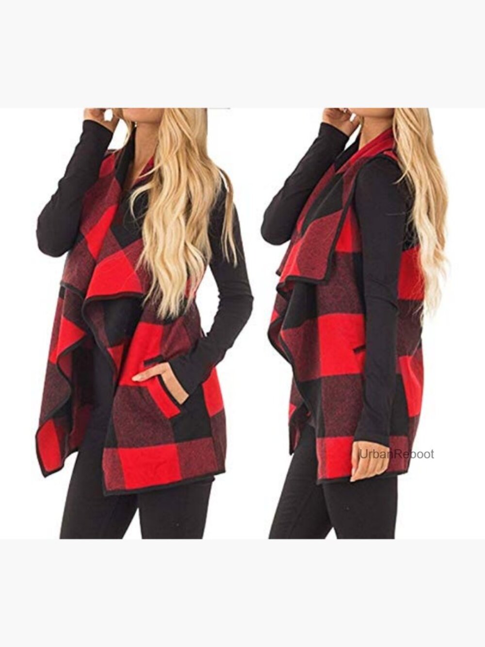 Women's Buffalo Plaid Sleeveless Open Front Vest Cardigan with Pockets - Picture 6 of 7